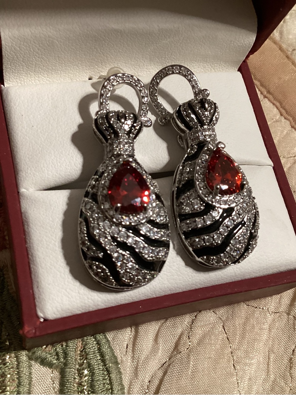 Elegant Silver Drop Earrings with Red Gemstone